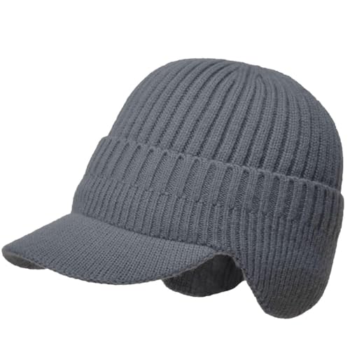 Rayson Gorra de Invierno Hombre Mujer Cálido Punto de Sombrero con Orejeras Visera Unisexo Gorras con Forro para al Aire Libre(Gris)