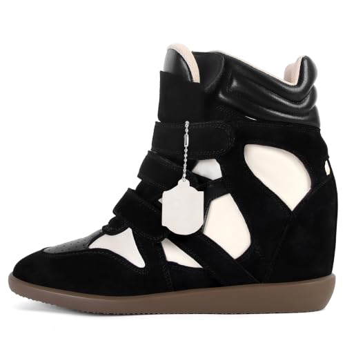 Image of Wedge Sneakers for Women Heels Suede Hook and Loop High Heel Tennis Round Toe Triple Strappy Band Casual Vintage Fashion Dressy Comfy Campus Trendy Retro Sneaker