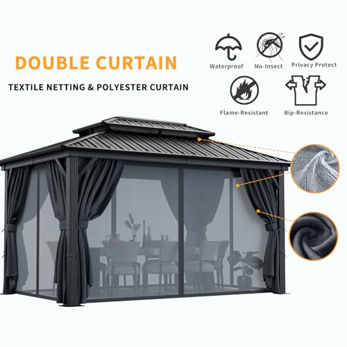 Image of HOTEEL 10x12 Hardtop Gazebo on Clearance with Heavy Duty Galvanized Steel Metal roof, Aluminum Frame,Patio Hard top Gazebos with Curtains and Netting, Outdoor Permanent Pavillon for Backyard,Black