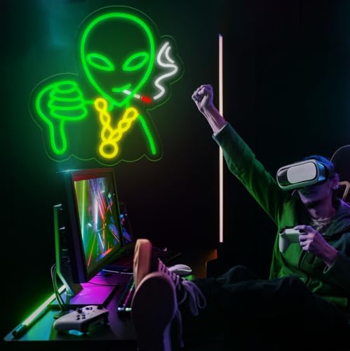 Image of Retro Alien Neon Sign for Wall - Dimmable RGB LED Art with USB Power, 12.7x13 Inch Man Cave Lighting, Gaming Room Decor, Alien Themed Party & Gifts for Men