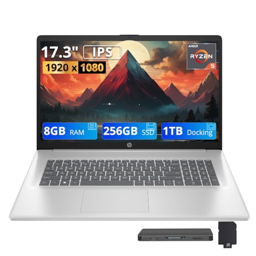 Image of HP 17.3 inch FHD IPS Laptop, AMD Ryzen 5 7430U, 8GB DDR4, 1.25TB Storage (256GB SSD+1TB Docking Station Set), AMD Radeon Graphics, Numeric keypad, 720p HD Camera, Win 11, Silver