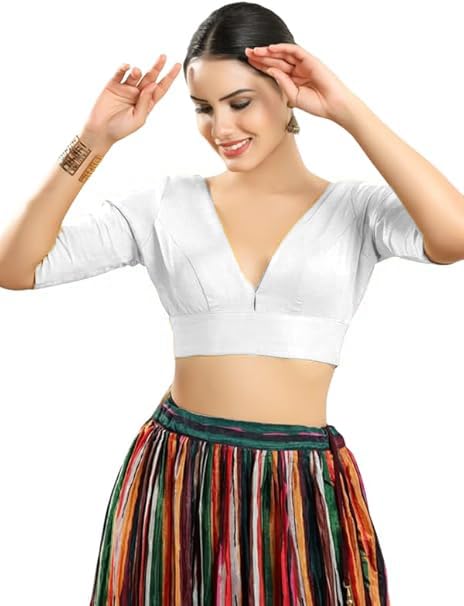 Dupion Silk Solid Non Padded Saree Blouse Top V-Neck Short Sleeves Hook and Eye Closure and Tie-Up Back Choli