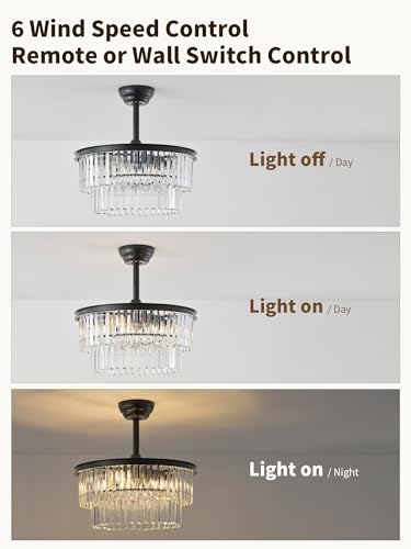 Image of 20 inch Black Crystal Fandelier Ceiling Fans with Lights,Farmhouse Rustic Caged Crystal Chandelier Ceiling Fan with Light Remote Control with 6 Speeds for Bedroom, Nursery, Living Room