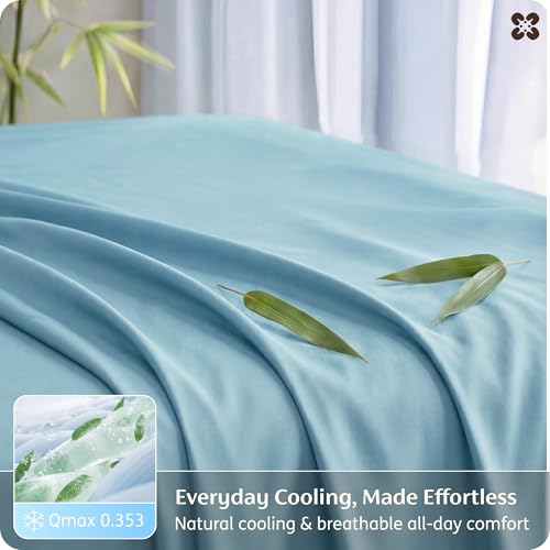 Image of Bedsure Queen Sheet Set, Rayon Derived from Bamboo, Cooling Sheets, PureWoven, Breathable & Soft, Deep Pocket Up to 16 Inches, Hotel Luxury Silky Bedding for Hot Sleepers, Aqua