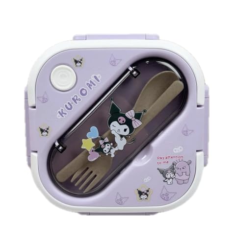 hombde Bento Lunch Box Container Set with 3 Compartments Portable Personal Sealed Plastic Utensils Food Container Cute Kawaii Anime Kitty Bunny Dog (Purpleromi)