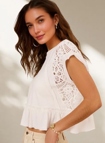 Women's Tops Cropped Hollowed Out Crewneck Cap Sleeve Shirt Cute Ladies Casual Summer Blouses3