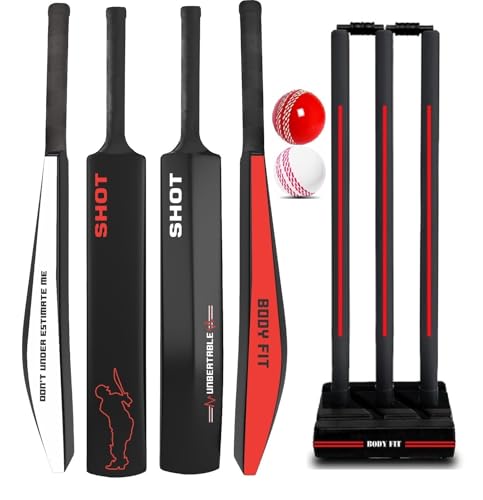 Image of Bodyfit Shot Premium Cricket Bat for Men, Women & Children | Lightweight| Full Size| | Hard Plastic Bat| Premium Cricket Wicket Set l 3 Stumps+2 Bails+1 Stand Set, 2 Balls, F Red WG.