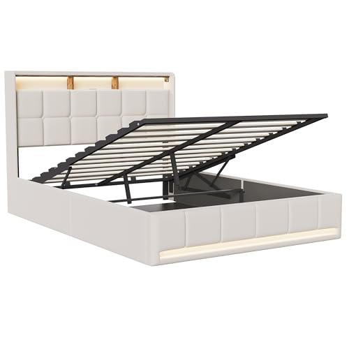 AYIYILA Cama Tapizada de 140x200 cm con Almacenaje Hidráulico, Cama Matrimonio con Luces LED y Puertos USB, Cama Canapé 140x200 con Cabecero y Somier de Láminas (Sin colchón)