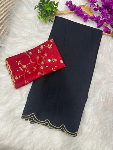 Image of Chinon Silk Saree with Embroidered Blouse, Traditional Georgette Saree, Elephant Embroidery Pattern, V-Neck Design, Free Size, Festival Wear