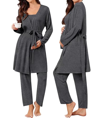 Image of SWOMOG Maternity Nursing Robe Set 3 Piece Breastfeeding Pajamas 3 in 1 Labor Delivery Sleevless Tops&Long Pants Pregnancy Pjs