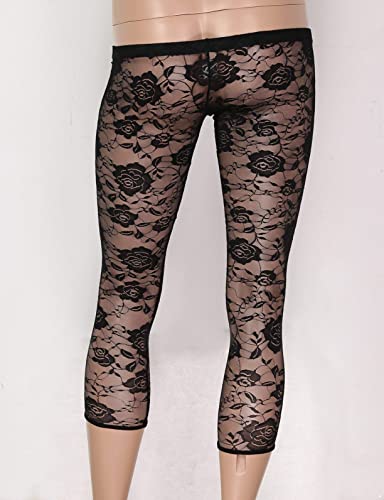 Mens Sissy Sheer Floral Lace Low Rise Bulge Pouch Footless Legging Pants Tight Trousers4