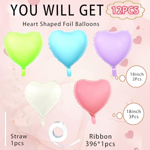 Image of 5 Colors Heart Balloons,18inch Heart Shaped Foil Balloons & Helium Mylar Balloon for Anniversary Wedding Engagement Birthday Party Baby Shower Valentines Day Decorations(12Pcs)