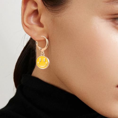 Image of Smiley Face Earrings Huggie Hoop Y2K Preppy Happy Lightning Bolt Heart Star Small Dangle Colorful Gold White Red Pink Yellow Blue Jewelry