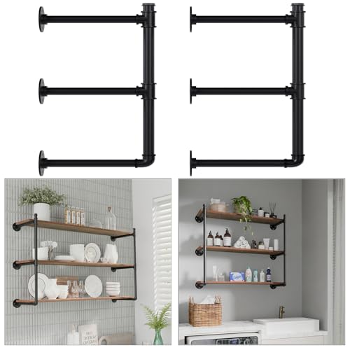 Industrial Wall Mount Pipe Shelf Brackets, Black Iron Pipe Shelving | Floating Wall Shelf Brackets, Open Bookshelf Brackets for Kitchen,Office and Living Room, (2PcsX3Tier,32″ Tall,12″ Deep)
