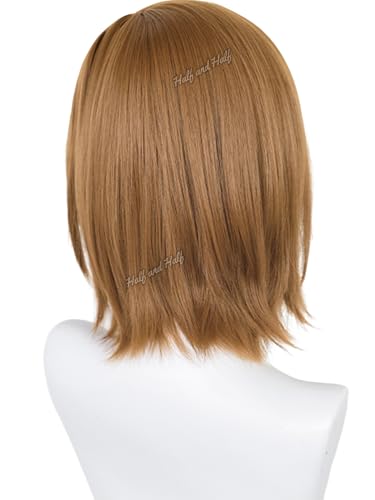 Image of Half and Half Short Deep Brown Straight Anime Cosplay Wig for Women 15'' Deep Brown Wigs with Side Part Bangs Synthetic Hair Wigs for Halloween Party Daily Costumes