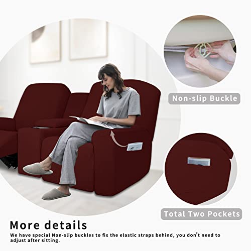 Image of Easy-Going 1 Piece Reclining Loveseat with Middle Console Slipcover | Stretch 2 Seater Loveseat Recliner Cover with Holder and Storage, Recliner Couch Sofa Cover, Furniture Protector Wine