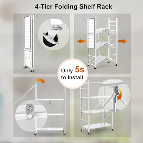 Image of Himix 4-Tier Foldable Metal Storage Shelf with Wheels Kitchen White | Metal collapsible organization, Folding shelves rack, Wire shelving, Garage, Unit rolling cart, No assembly, Holds 352 Ibs