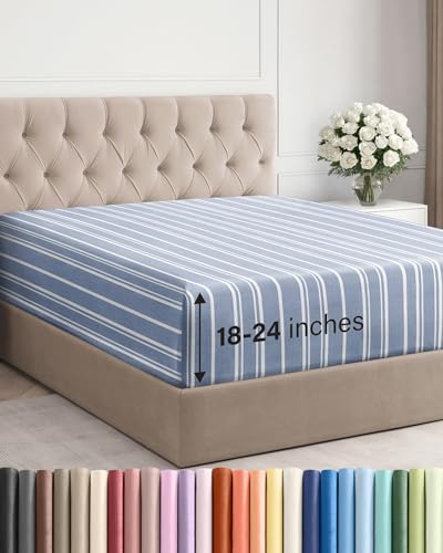 Image of Extra Deep Cal King Fitted Sheet - Single Fitted Sheet Only - Blue Stripes | Easily Fits 18 inch to 24 inch Mattress, Soft, Wrinkle Free, Breathable & Comfy, Extra Deep Pockets Hotel Luxury Fitted Sheet
