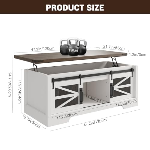 GarveeHome Lift Top Coffee Table, 47.2" Multifunction Coffee Table with Sliding Barn Door, Hidden Storage Compartment, Lifting Table Top and Adjustable Shelf, Farmhouse Rustic Center Dining Table