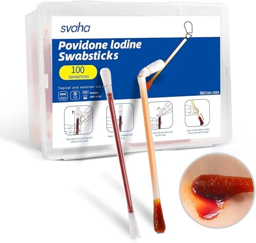 100 Sticks Iodine Swabs Povidone Iodine Swabsticks - Wound Care First Aid Supplies with Povidone Iodine Solution, Individually Wrapped in Reusable Plastic Case