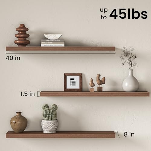 Image of Fun Memories 40Inch Floating Shelves for Wall, 8 Inch Deep Shelves for Bathroom|Bedroom|Kitchen, Large Wall Mounted Wood Hanging Shelf with Invisible Brackets for Home Storage Decor, Walnut - 2 Pack