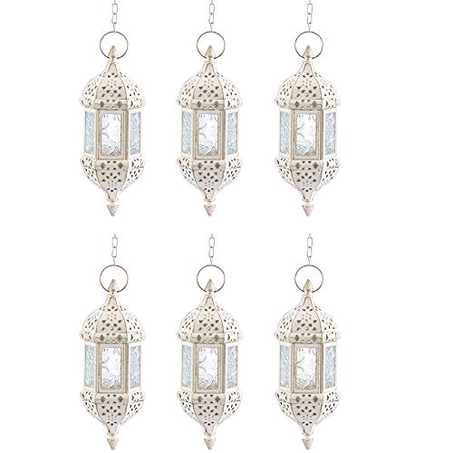 6 Pcs Moroccan Lantern Metalwork Hanging Tealight Candle Holder Metal Glass Indoor Outdoor Battery Operated Led Flameless With 13.8 Inches Chain, White #TOP21