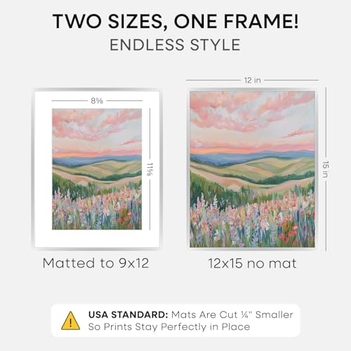 Image of Homeforia 12 x 15 Picture Frame Silver, High End Metal 12x15 Poster Frames with Mat 9x12 Photo, 12 x 15 Silver Frame Matted to 9 x 12 in Print, 15by12 Hanging Frame, Tempered Glass, Wall Kit, Set of 1