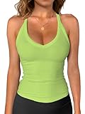 iGENJUN Women Workout Tops Racerback Tank Tops Basic Cute Summer 2024 V Neck Going Out Slim Fit Yoga Gym Ribbed Sleeveless Shirts Clothes Fashion,S,Lime Neon Green