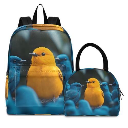 Backpack Lunch Box Set Large Capacity Travel Backpacks and Insulated Lunch Bag for Commute Hiking Picnic Yellow Blue Bird Print