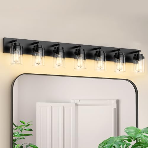 Image of IZORRO Bathroom Vanity Light Fixture, 7-Light 52 inch Matte Black Bathroom Light Fixtures Over Mirror, with Clear Glass Shade, Modern Farmhouse Vanity Lights, Rustic Restroom Lighting Fixtures
