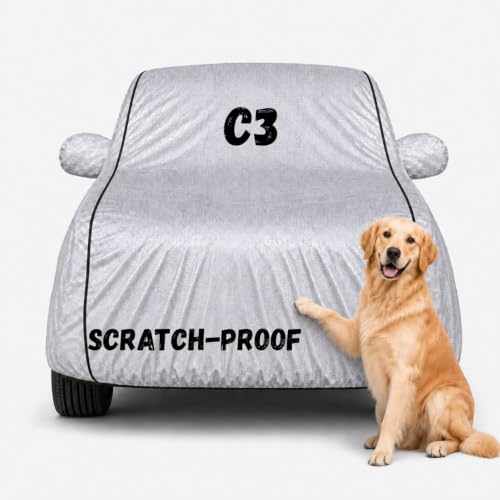 Image of Waterproof Car Cover for C3 | Soft Cotton Lining Heavy Duty Triple Stitched Heat Resistant Outdoor Cover Comes with Mirror and Antenna Pocket Full Bottom Elastic (Silver)