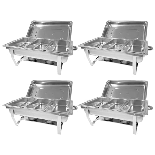 Juego de bufé calentador de alimentos para fiestas, juego de bufé de tres rejillas, servicio de buffet de 8 cuartos de galón de acero inoxidable con cubiertas, juego de platos de rozamiento, bandejas