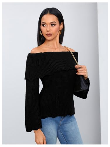 MakeMeChic Women's Y2K Off The Shoulder Sweater Bell Sleeve Tops Fall Pullover Sweaters Lightweight3