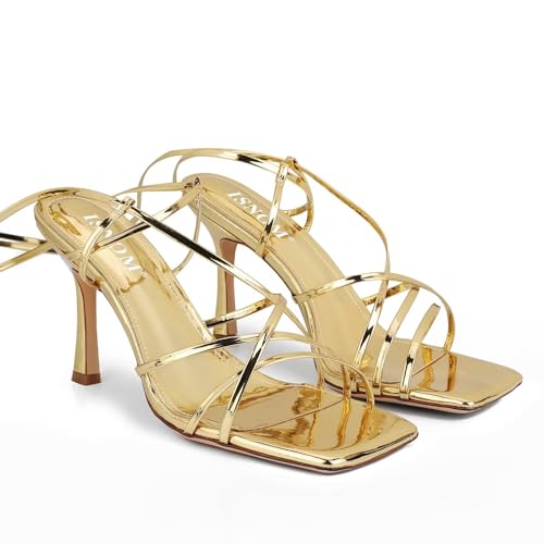 Image of ISNOM Lace Up Heels Sandals for Women - Square Open Toe, Stiletto High Heel | Tie up Thong Heels, Wrap Around Strappy Heels, Non-Slip Sole, 3.94 inch Stable Heel, Comfy and Stylish for Date Party Daily Wear