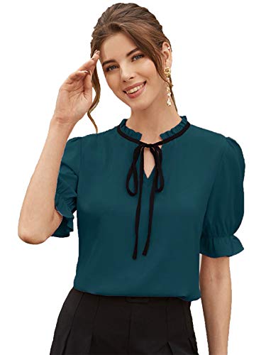 Image of Stylistico Soft Polyester Formal Stylish tie-up Office Solid Western Summer Short v-Neck Casual Plain Puff Half Sleeves Tops for Women Latest