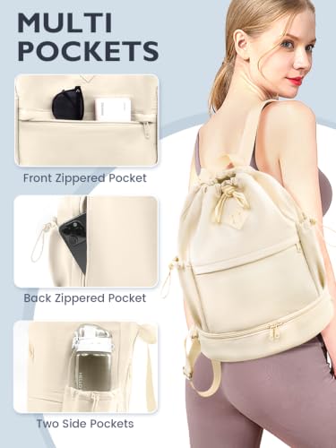 Image of RHDZO Drawstring Gym Backpack with Shoe Compartment and Wet Pocket, Beige