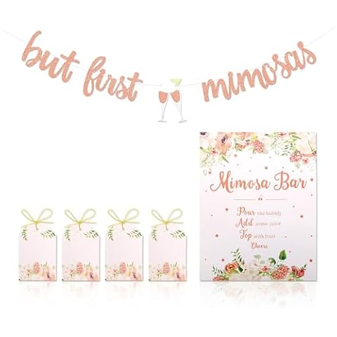 Faisichocalato Mimosa Bar Sign But First Mimosas Banner Boho Floral Bridal Shower Decorations Rose Gold Baby Shower Graduation Decor for Sum-mer Brunch Bubbly Bar Themed Wedding Engagement Birthday Party Cover