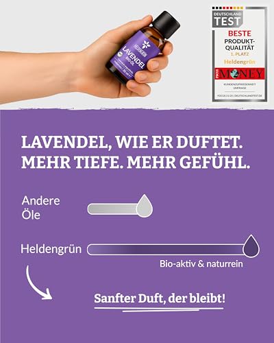 Heldengrün® BIO Lavendelöl [100% NATURREIN] Lavandula angustifolia - Echtes Lavendelöl: floral, frisch & voller Seele - Aromatherapie Lavendel - Ätherisches Öl
