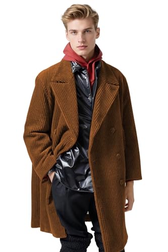 Men's Corduroy Trench Coat Peacoat Winter Double Breasted Mid Long Coats Casual Fall Christmas Fashion Overcoats