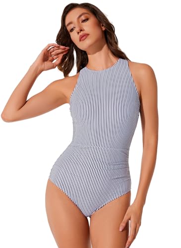 RXRXCOCO Women Tummy Control One Piece Swimsuit Bathing Suit 2026 Ruched High Neck Full Coverage Slimming Beach Swimwear M