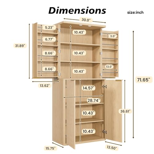 Image of Ball & Cast 72″ Fluted Pantry Cabinet,Versatile Wood Storage Cabinet with 4 Adjustable Shelves,6 Door Shelves,Moden Kitchen Cabinet w /Anti-Tip Safety for Kitchen,Dining Room,Living Room,Natural Oak