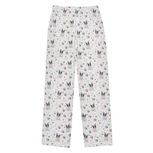 Bulldog Paw Print Bone Boys Long Pants Soft Trousers Elastic Waist Kids Lounge Bottoms with Pockets S-XL