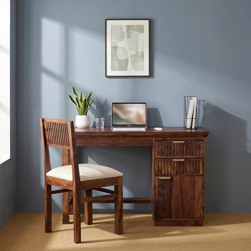 Image of NSH Solid Sheesham Wood Study Table with Chair | Wooden Writing Desk with Drawer & Door Storage | Pre-Assembled Computer Desk Workstation for Home Office & Study Room | Teak Finish