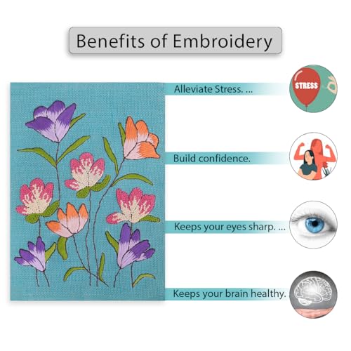 Image of picknMAKE Hoop-Free Needle Stitch Blooming Threads Diy Hand Embroidery Kit Set For Adults,Stiff Jute Fabric Art Craft Work,Printed Floral Design With Threads,Needles,Cutter & Instruction,Multicolor