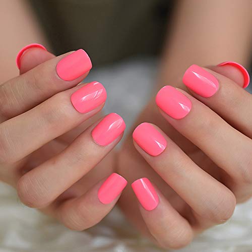 Neon Short Nails Summer Color Fake Nails Deep Pink Ladies Bright Color Designed ABS Material Fingernails with Adhesive Tabs - Thumbnail 7