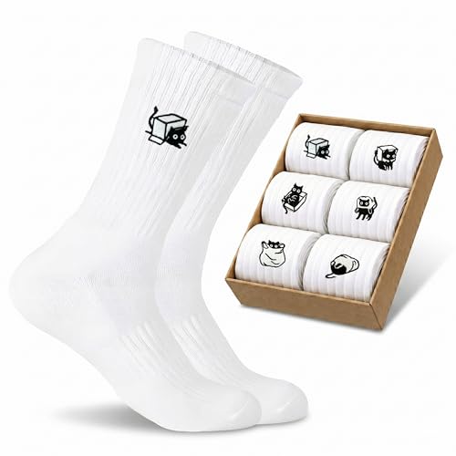 Mmyzao Tennissocken Lustige Socken Weiße mit Motiv Damen Herren 35-38 39-42 43-46 Sport Handball Rennrad Basketball Fahrrad Golf Volleyball Witzige-Katzen
