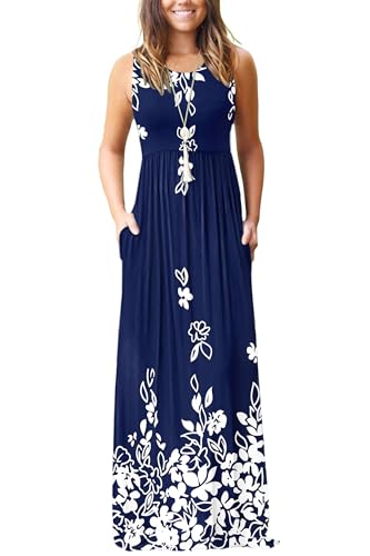 Image of AUSELILY Women's Summer Sleeveless Loose Plain Casual Long Maxi Dresses | Year Round wear solid floral print, Casual daily wear, Empire waist, Floor length, Side pockets New