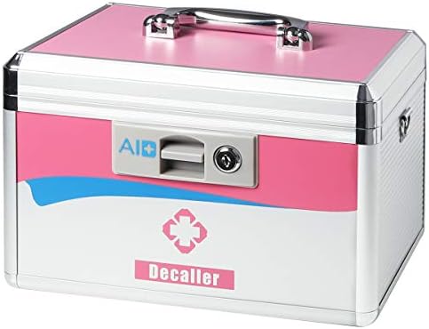Decaller First Aid Box with Security Lock, Medical Box with Removable Tray for Drugs Storage, 12″ x 8 1/5″ x 8 1/5″, Medium, Pink