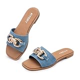 FITORY Women's Flat Sandals Fashion Slides With Soft Leather Slippers for Summer Denim Blue Size 8
