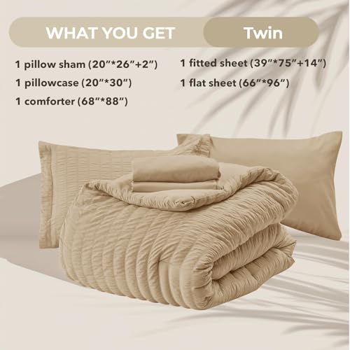 Image of HYMOKEGE Khaki Twin Comforter Set Seersucker 5 Pieces, All Season Luxury Bed in a Bag for Bedroom, Bedding Set with Comforter, Sheets, Pillowcase & Sham